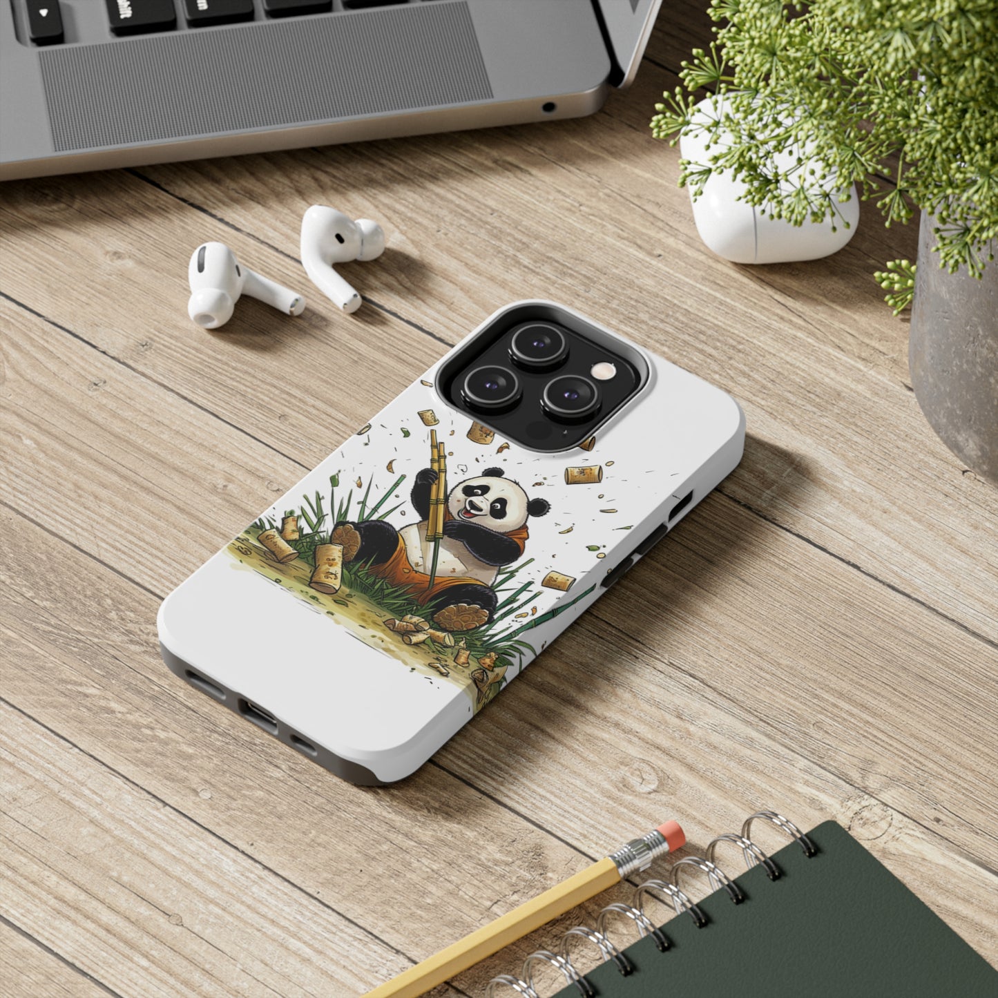 Tough Phone Cases with a print on it of A Jovial Panda Juggling Bamboo