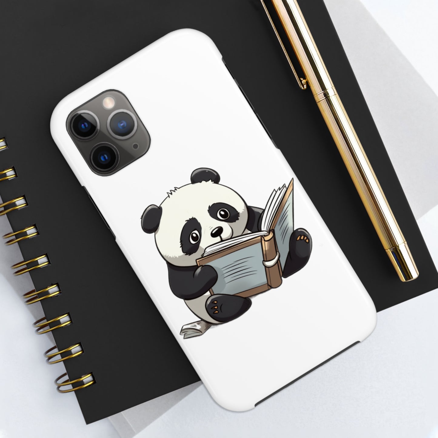 Tough Phone Cases with a print on it of A studious panda engrossed in a humorous pun book:

Panda