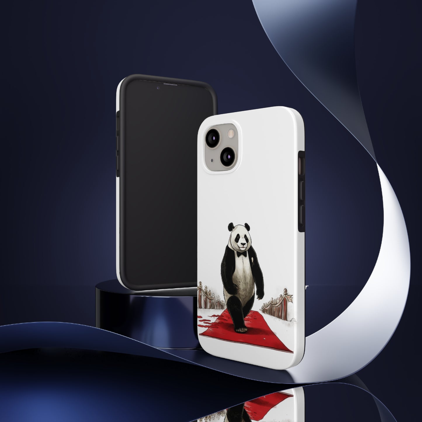 Tough Phone Cases with a print on it of A glamorous comic panda walking down a red carpet at a bamboo film festival.:
B