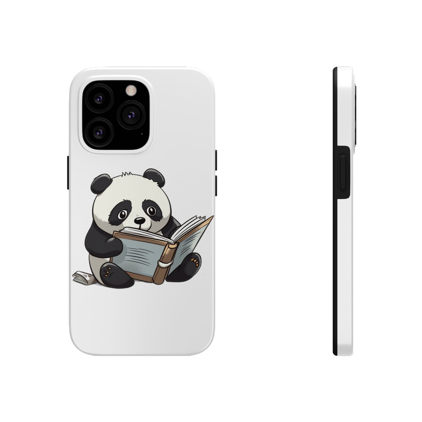 Tough Phone Cases with a print on it of A studious panda engrossed in a humorous pun book:

Panda
