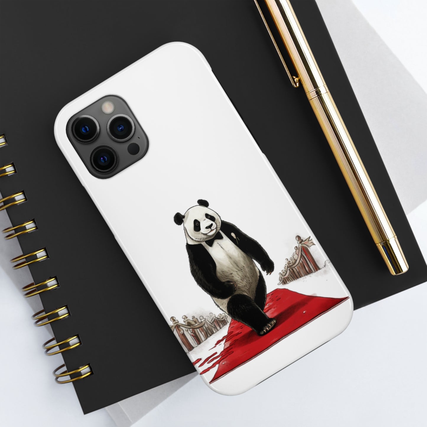 Tough Phone Cases with a print on it of A glamorous comic panda walking down a red carpet at a bamboo film festival.:
B