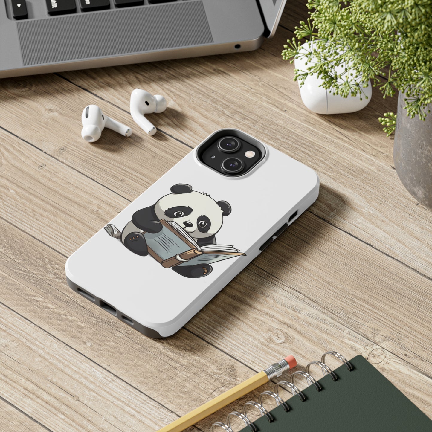 Tough Phone Cases with a print on it of A studious panda engrossed in a humorous pun book:

Panda