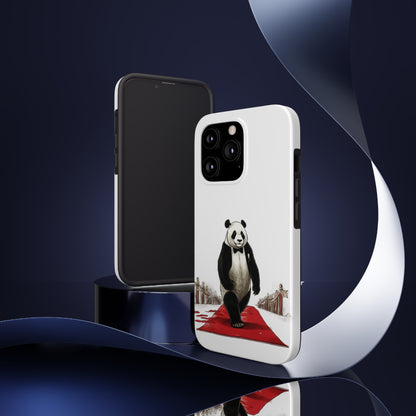 Tough Phone Cases with a print on it of A glamorous comic panda walking down a red carpet at a bamboo film festival.:
B